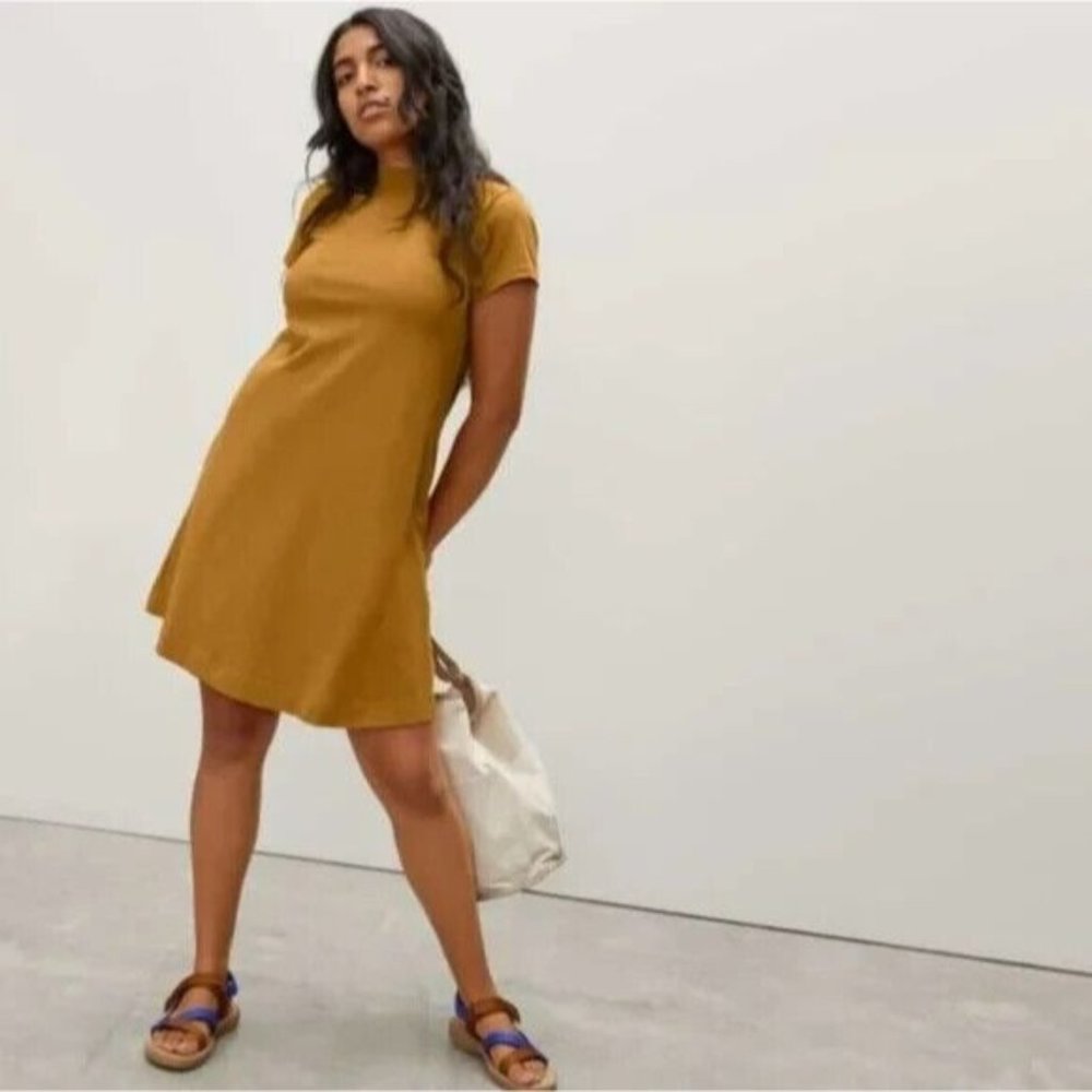 Everlane Womens Mustard Yellow Weekend Swing Mock Neck Short Sleeve Dress S